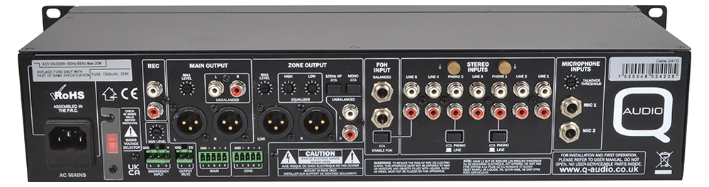 2 Zone Installation Mixer with 4 Dual Stereo Channels 2 Mic Inputs ...