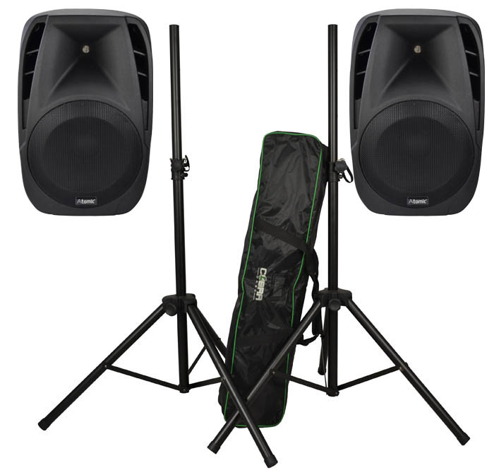2 x 15 800W Bluetooth Enabled Active Speakers with Stands and Bag