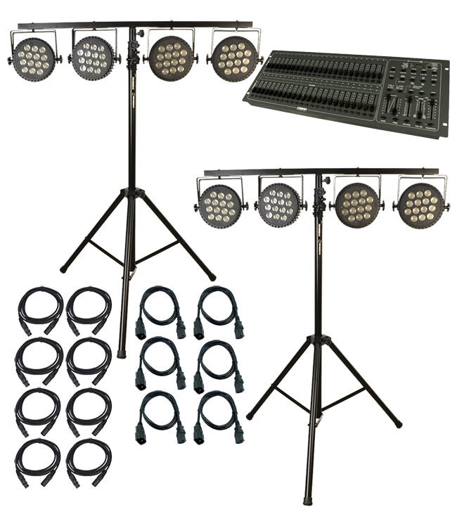 Stage Lighting Package with 8 RGBWA UV LED Par Cans Stands Controller