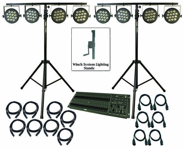 Stage Lighting Package with 8 RGBWA UV LED Par Cans Wind Up Stands DMX