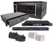 PA Speaker System Complete with Mixer, Amp, Speakers and Wall Rack Cabinet