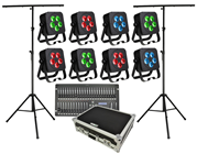 Stage Lighting Set with 8 RGBLA & UV LED Par Cans, Stands & Lighting Controller