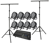 Stage Lighting Set inc 8 High Power LED Pars RGBWA & UV, Stands and Controller