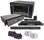 PA Speaker System with Mixer, Amp, Speakers, Wireless Mics and Wall Rack Cabinet