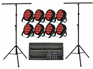 Stage Lighting Set inc 8 High Power LED Pars RGBWA & UV, Stands and Controller